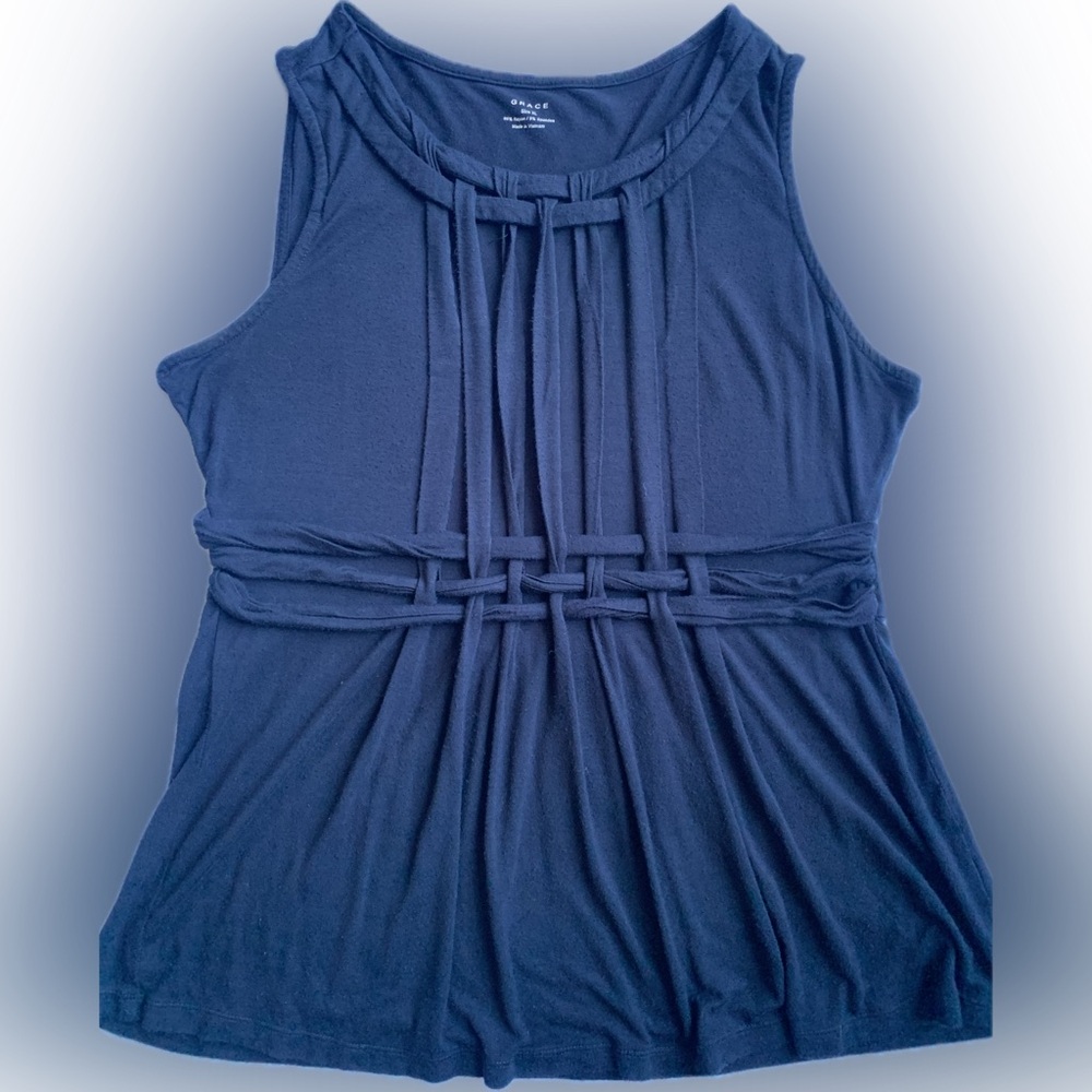 GRACE navy blue sleeveless knit stretch peplum blouse, front piping, Size XL